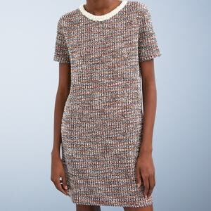 ZARA Tweed Short Sleeve Shift Mini Dress Pearl Collar Multicolor Medium